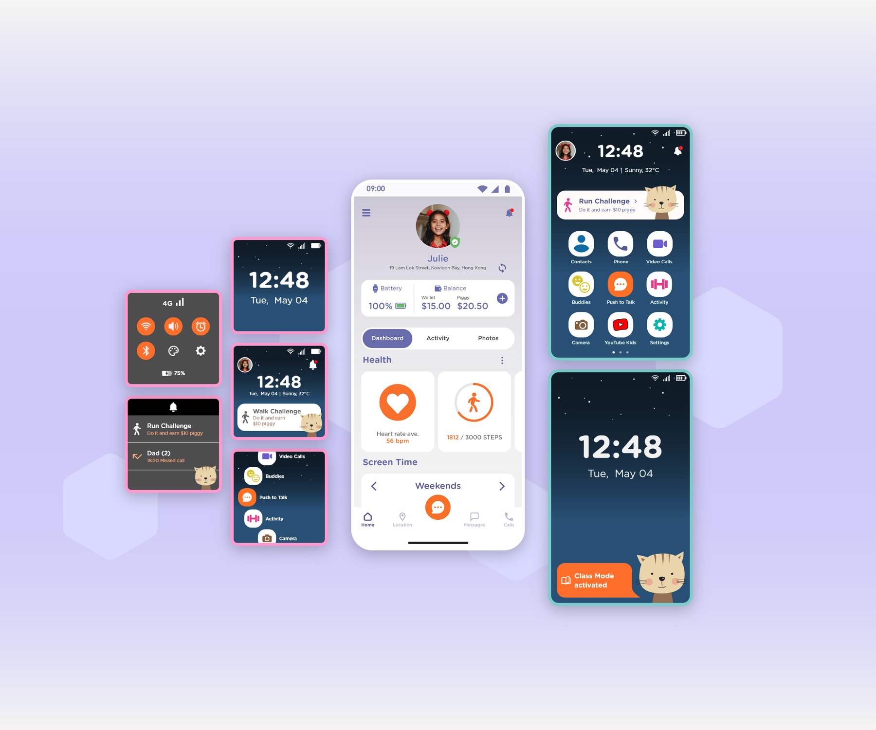 Navigation screens across the Mimo watch, parent app, and phone